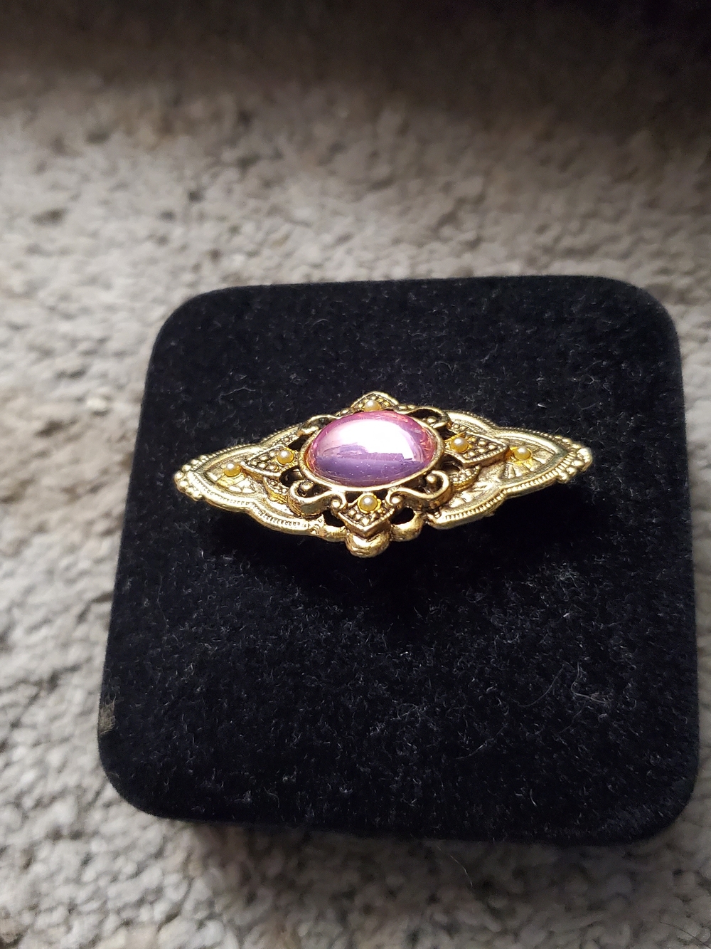 Vintage Gold Tone Brooch with Pink Cabochon